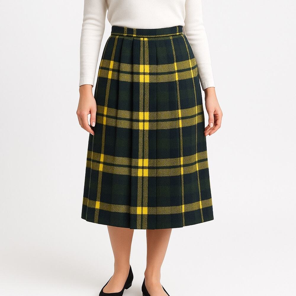 1970s Personal Plaid Wool Pleated Midi Skirt w/ Pockets
 medium